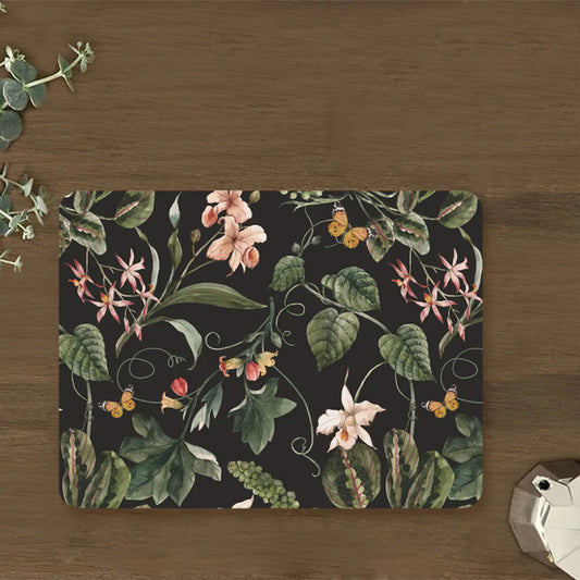 Exotic tropical orchids and green leaves Table Mat-Black | TM 031 (set of 2)