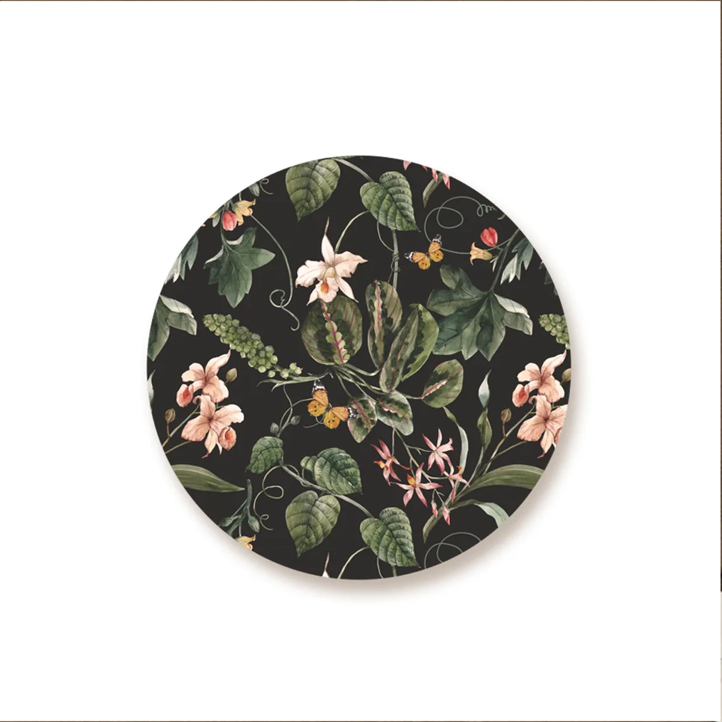 Exotic tropical orchids and green leaves Table Mat-Black | TM 031 (set of 2)