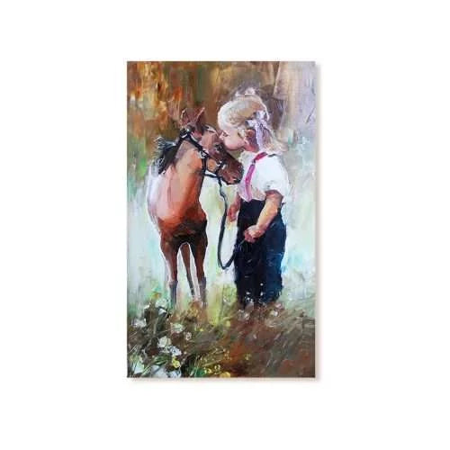 Little girl petting her best friend pony canvas