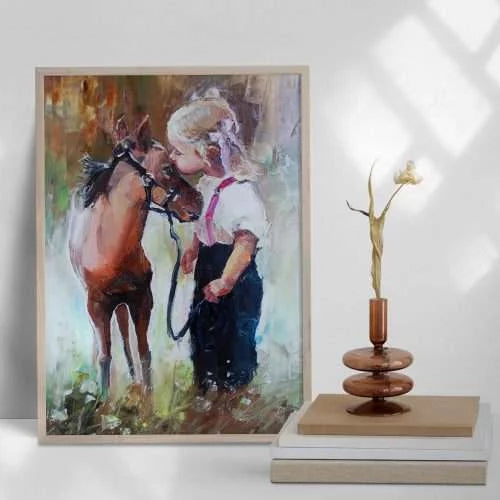 Little girl petting her best friend pony canvas