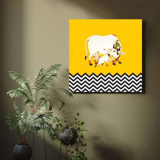 Kamdhenu Cow on Yellow Background Canvas