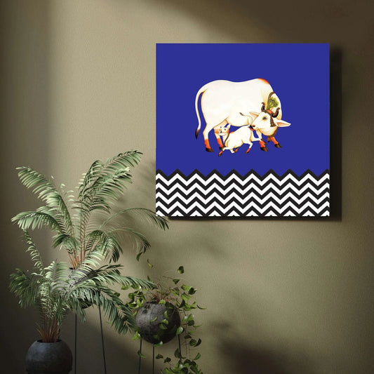 Kamdhenu Cow On blue Background Canvas