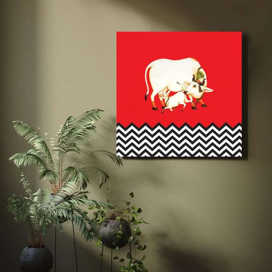 Kamdhenu Cow On Red Background Canvas