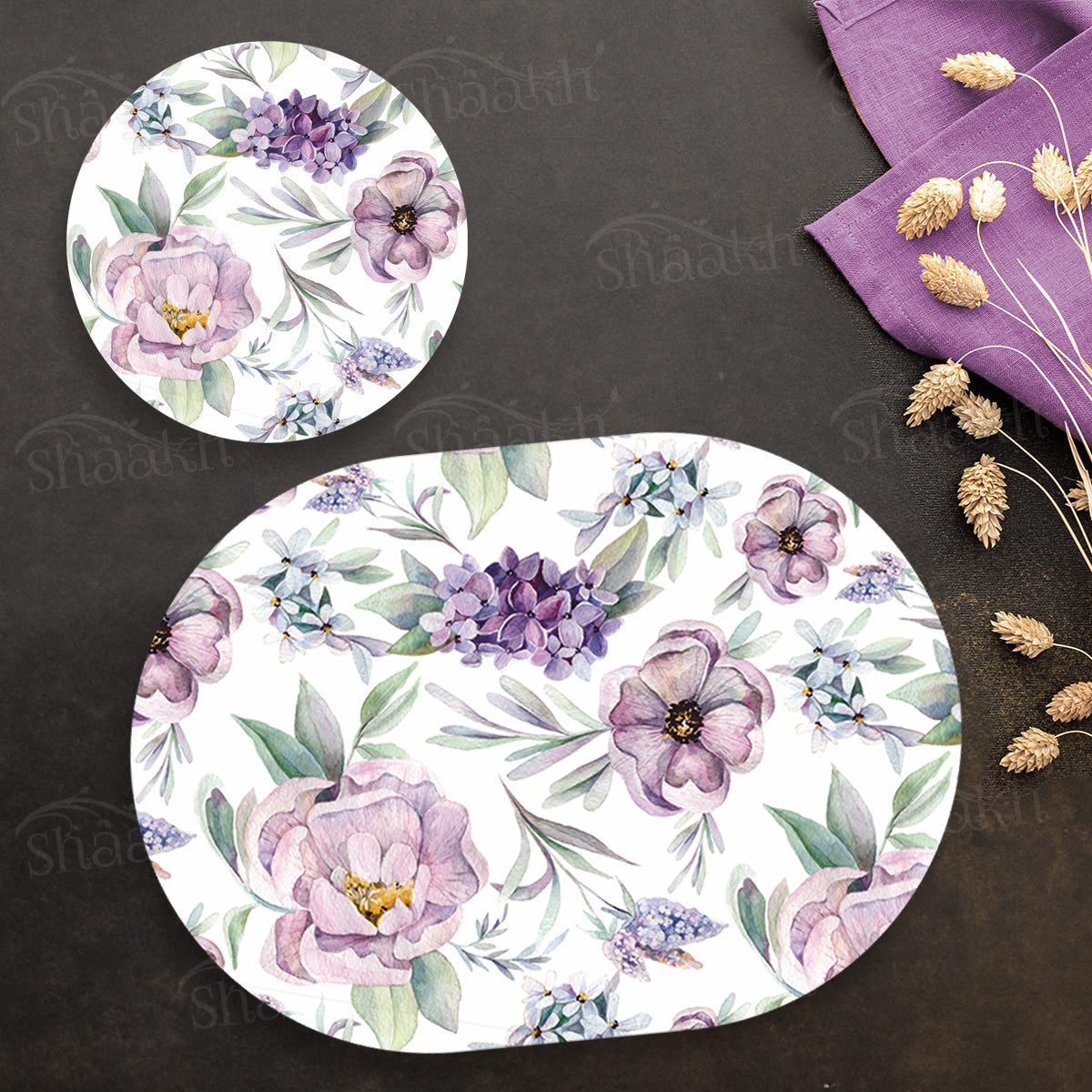 Lavender Florals Coordinated Set | TWC 088 (8 Mats, 4 Trivets)