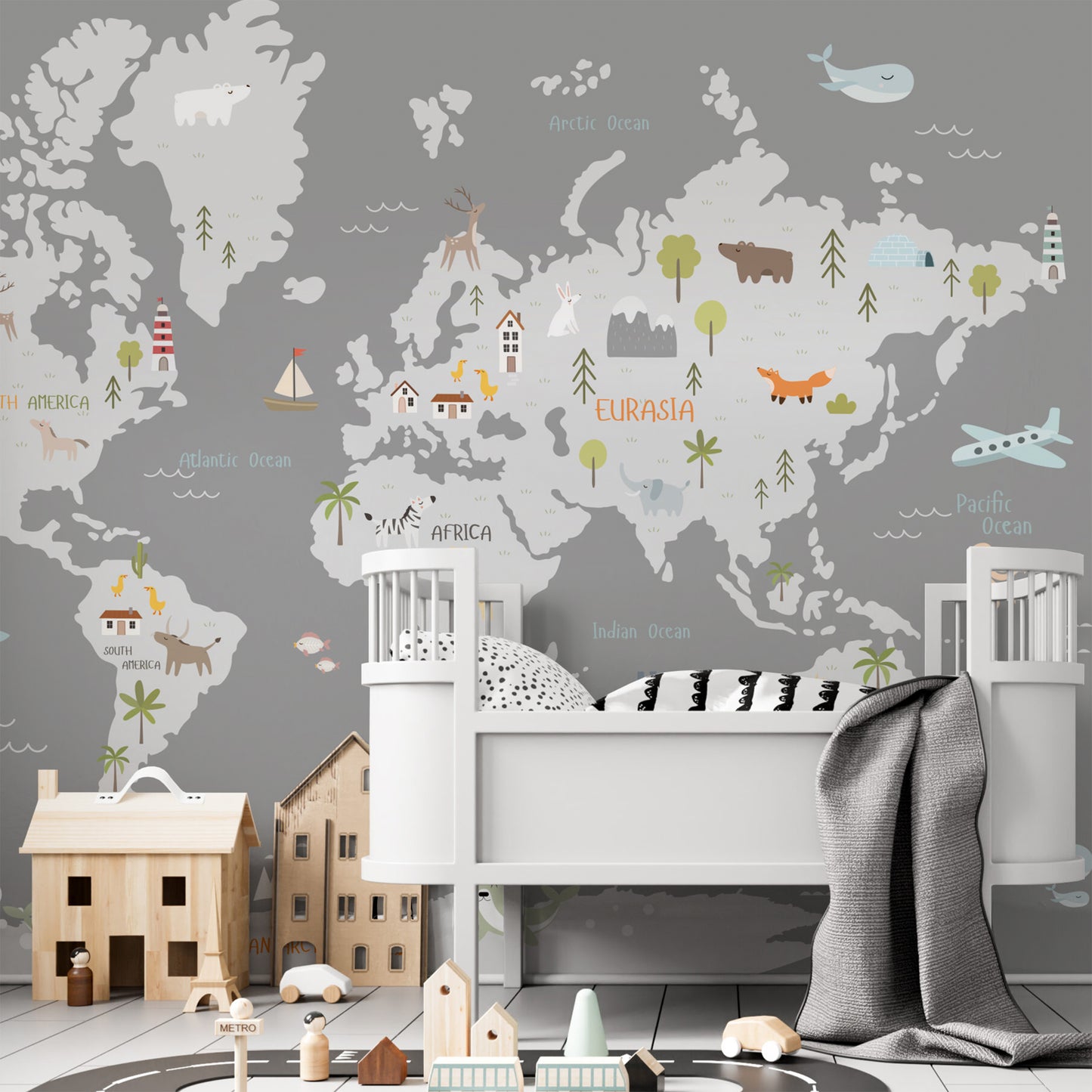 Kids World Map Wallpaper (Grey Background) | WP 052