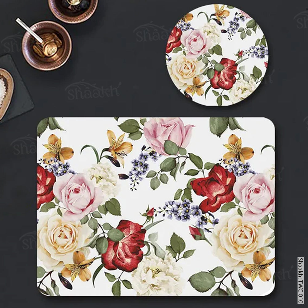 Pink and red roses Coordinated Mats & Trivets Set | TWC 010 (8 Mats, 4 Trivets)