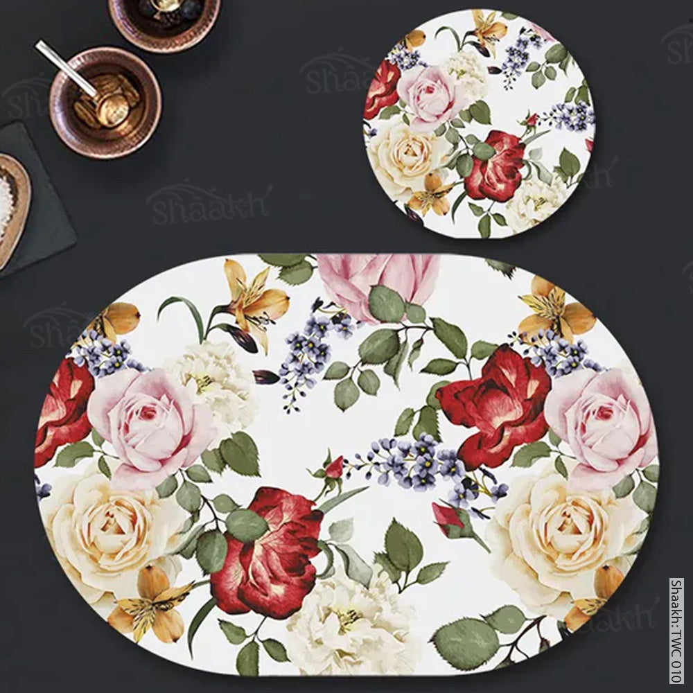 Pink and red roses Coordinated Mats & Trivets Set | TWC 010 (8 Mats, 4 Trivets)