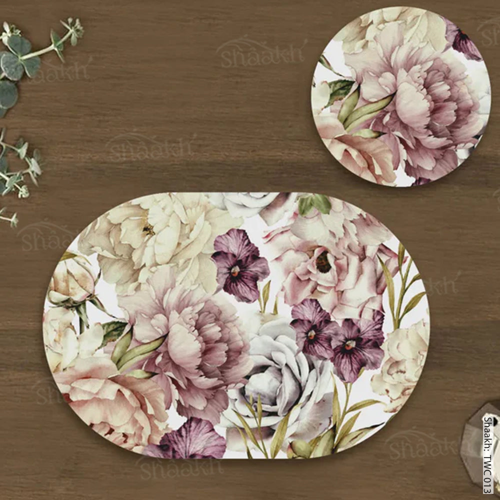 Peach and wine floral Coordinated Mats & Trivets Set | TWC 013 ( 8 Mats, 4 Trivets )