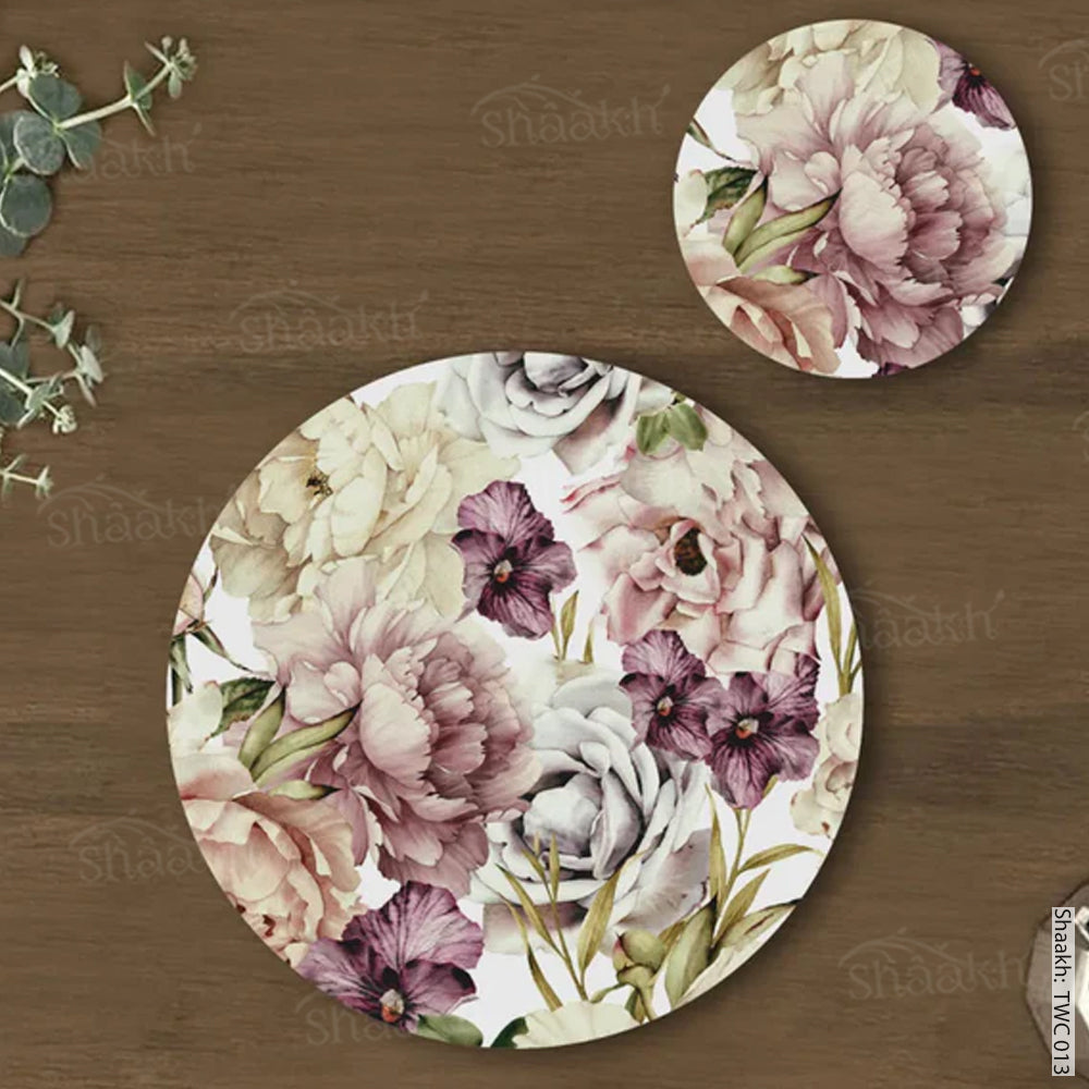 Peach and wine floral Coordinated Mats & Trivets Set | TWC 013 ( 8 Mats, 4 Trivets )