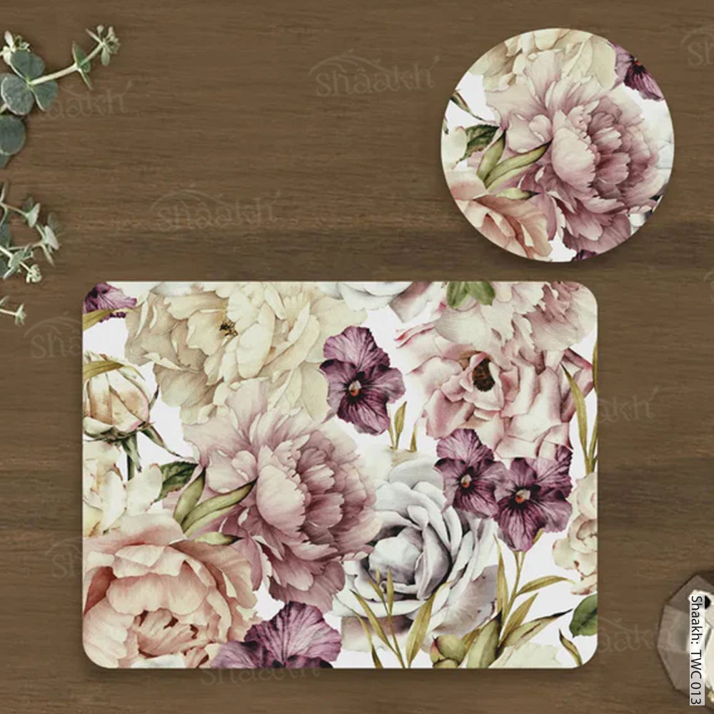 Peach and wine floral Coordinated Mats & Trivets Set | TWC 013 ( 8 Mats, 4 Trivets )