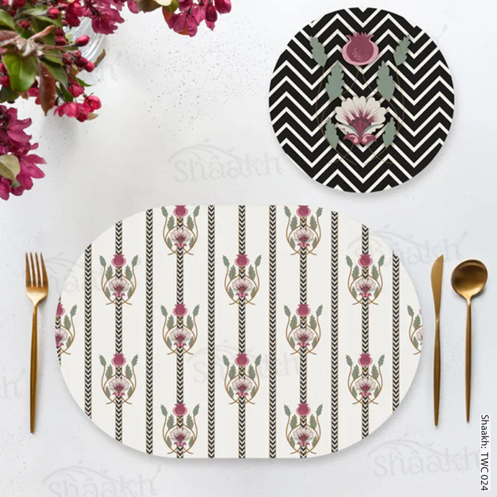 Indian motifs and chevron on textured background Coordinated Mats & Trivets Set | TWC 024 ( 8 Mats, 4 Trivets )