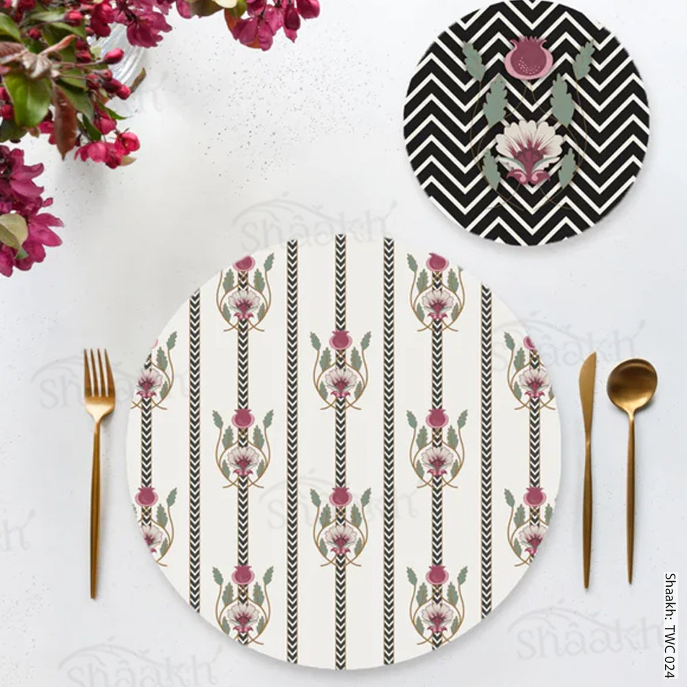 Indian motifs and chevron on textured background Coordinated Mats & Trivets Set | TWC 024 ( 8 Mats, 4 Trivets )