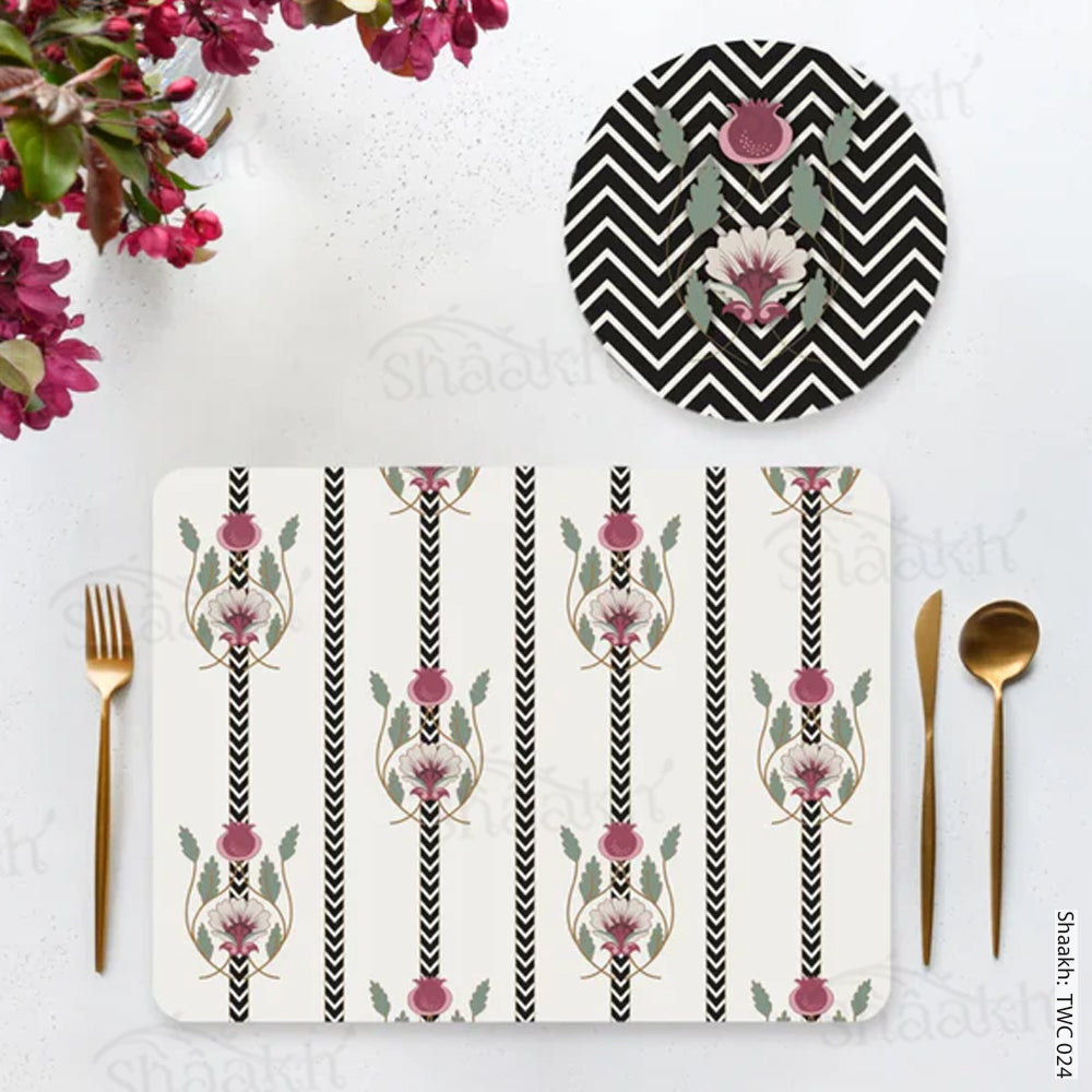 Indian motifs and chevron on textured background Coordinated Mats & Trivets Set | TWC 024 ( 8 Mats, 4 Trivets )