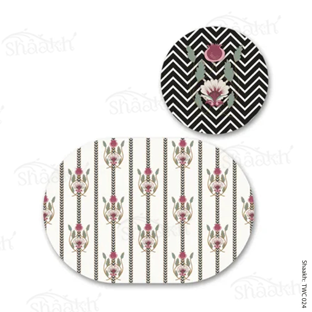 Indian motifs and chevron on textured background Coordinated Mats & Trivets Set | TWC 024 ( 8 Mats, 4 Trivets )