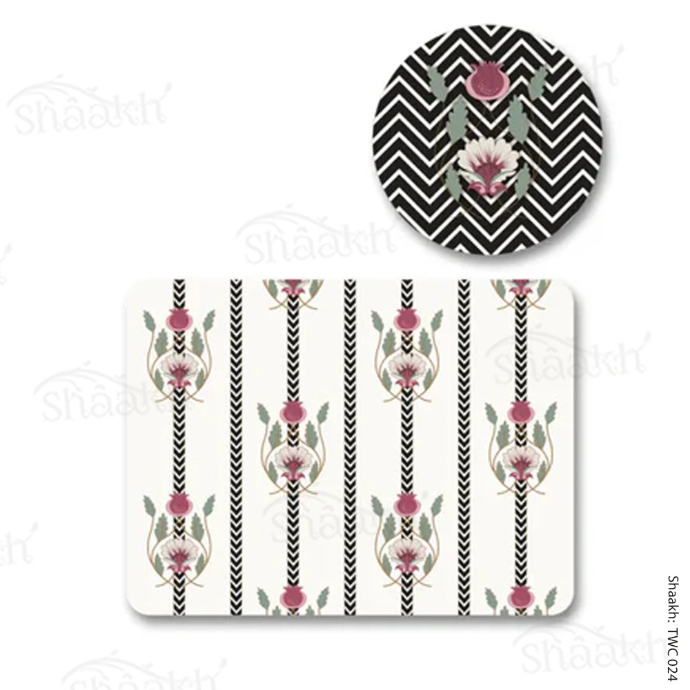 Indian motifs and chevron on textured background Coordinated Mats & Trivets Set | TWC 024 ( 8 Mats, 4 Trivets )