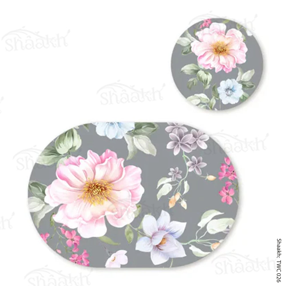 Watercolor Flowers, leaves and buds Coordinated Mats & Trivets Set | TWC 026 ( 8 Mats, 4 Trivets )