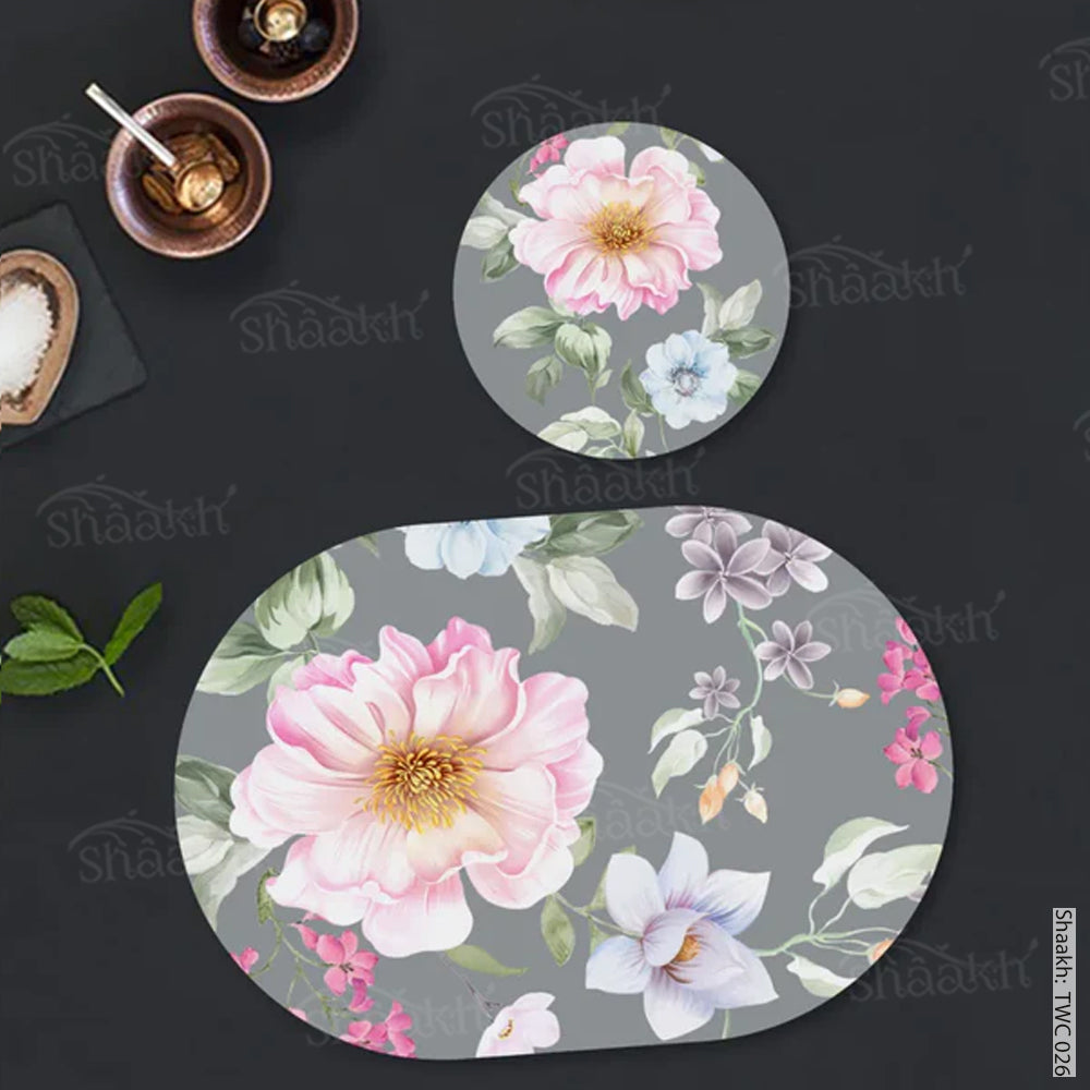 Watercolor Flowers, leaves and buds Coordinated Mats & Trivets Set | TWC 026 ( 8 Mats, 4 Trivets )
