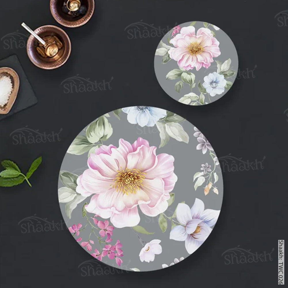 Watercolor Flowers, leaves and buds Coordinated Mats & Trivets Set | TWC 026 ( 8 Mats, 4 Trivets )