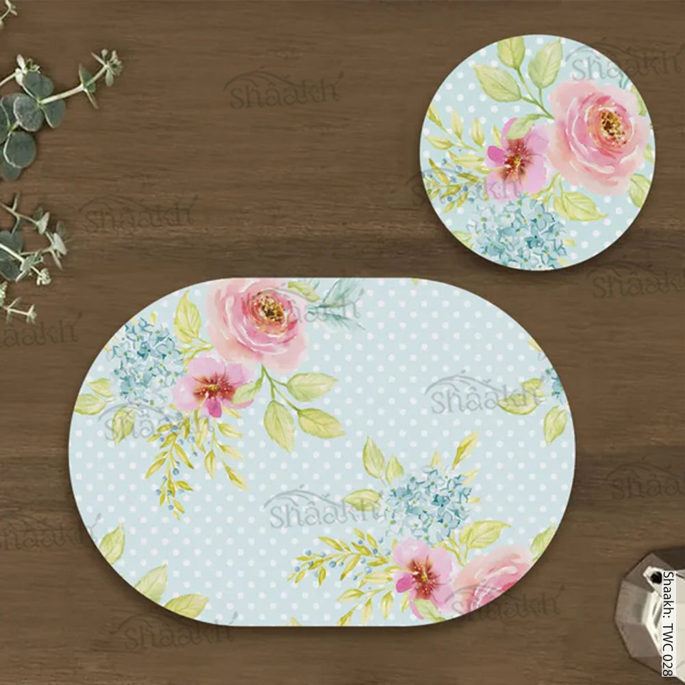Vintage roses on dotted background Coordinated Mats & Trivets Set | TWC 028 ( 8 Mats, 4 Trivets )
