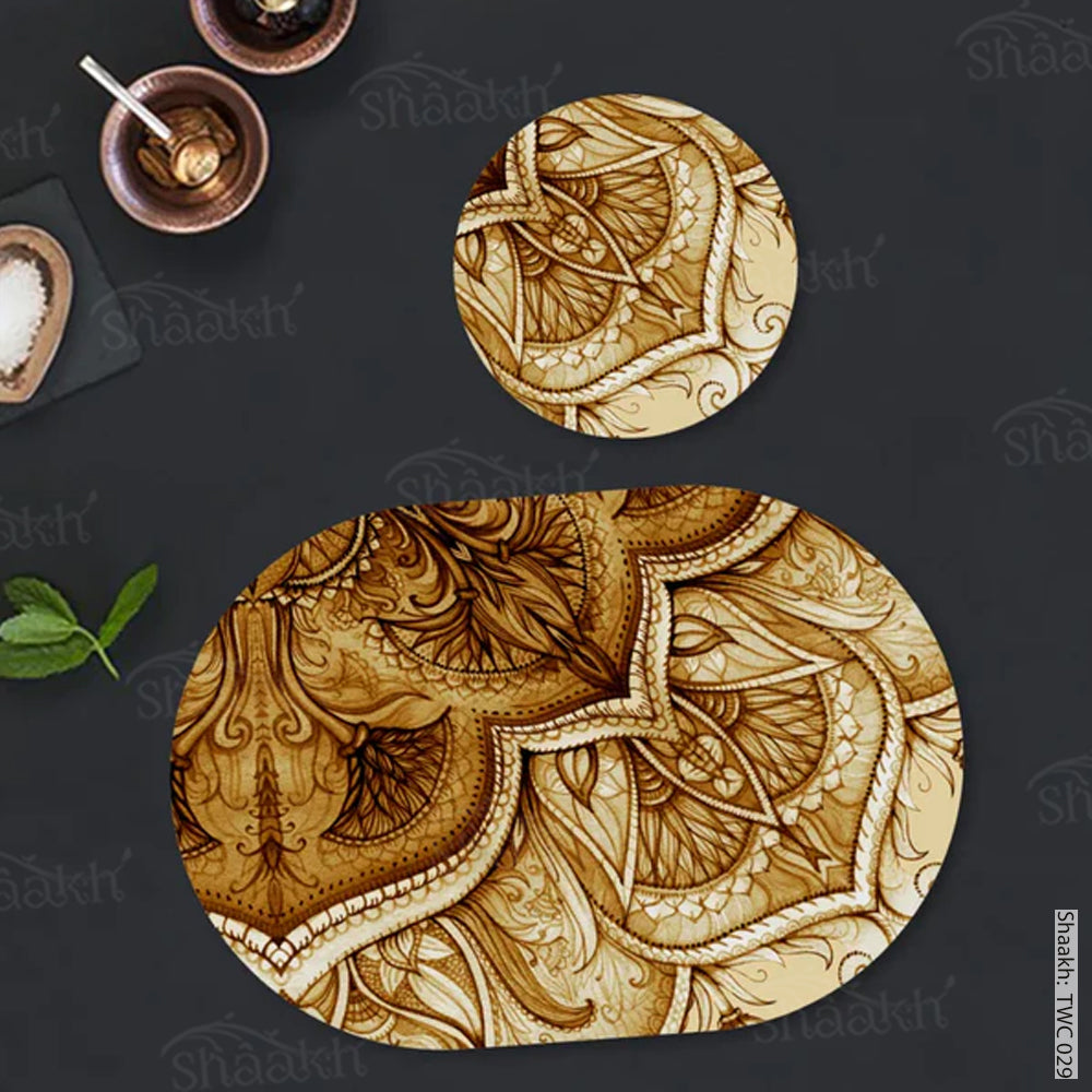 Hand drawn watercolor ethnic design Coordinated Mats & Trivets Set | TWC 029 ( 8 Mats, 4 Trivets )