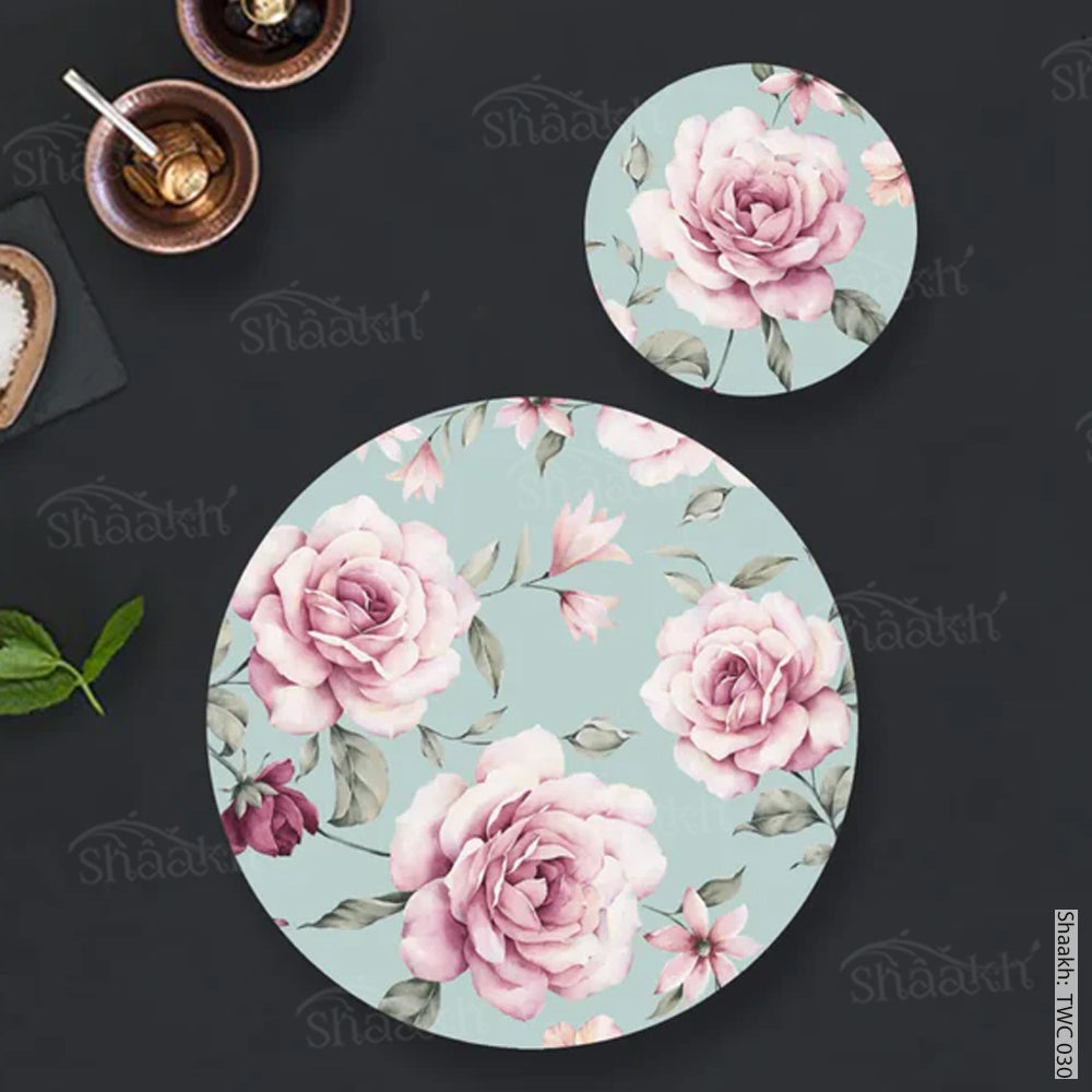 Pale pink roses Coordinated Mats & Trivets Set | TWC 030 (8 Mats, 4 Trivets)
