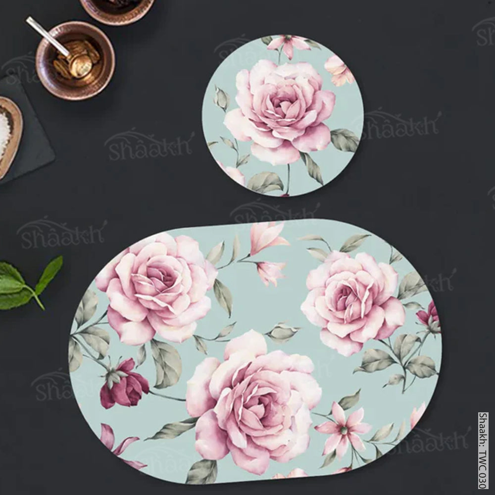 Pale pink roses Coordinated Mats & Trivets Set | TWC 030 (8 Mats, 4 Trivets)