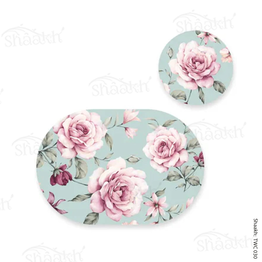 Pale pink roses Coordinated Mats & Trivets Set | TWC 030 (8 Mats, 4 Trivets)