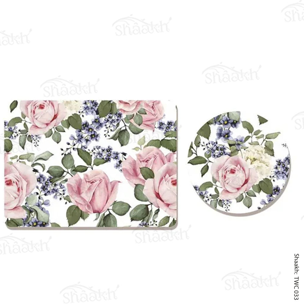 Rose buds and blue flowers Coordinated Mats & Trivets Set | TWC 033 ( 8 Mats, 4 Trivets )
