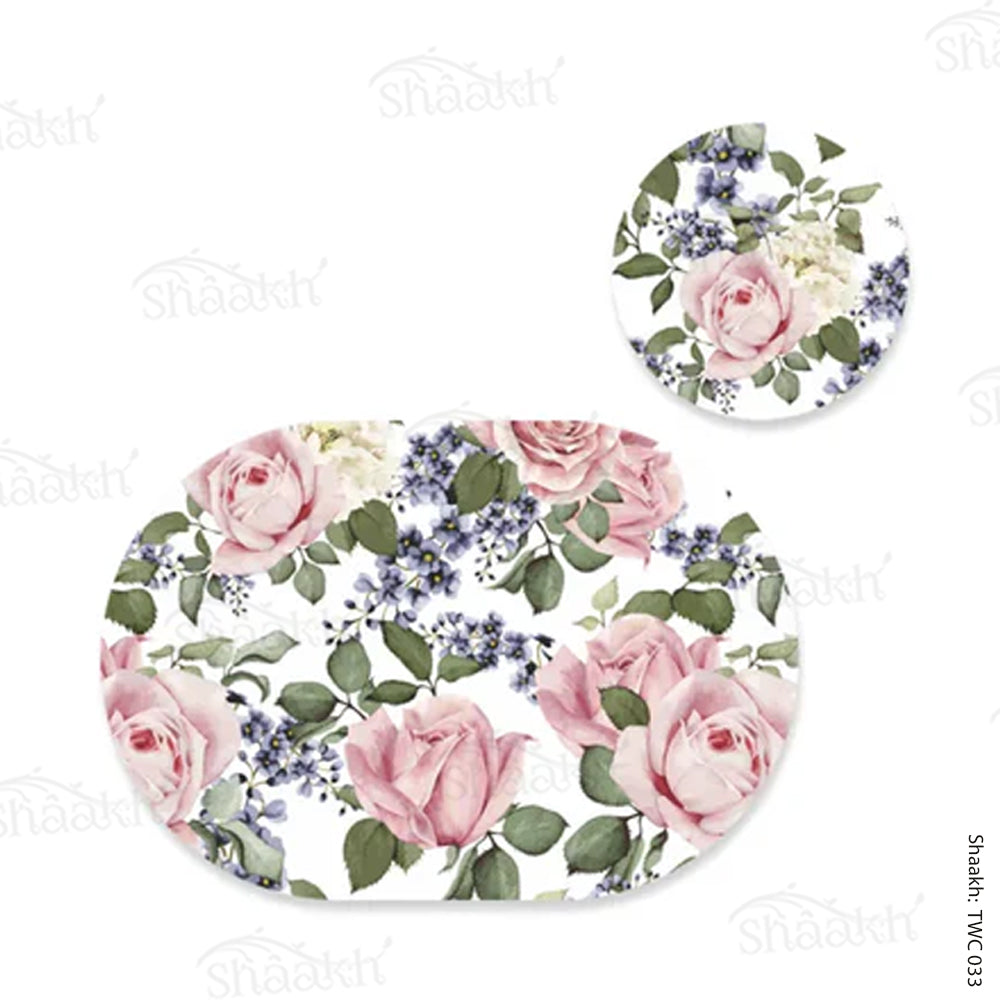 Rose buds and blue flowers Coordinated Mats & Trivets Set | TWC 033 ( 8 Mats, 4 Trivets )