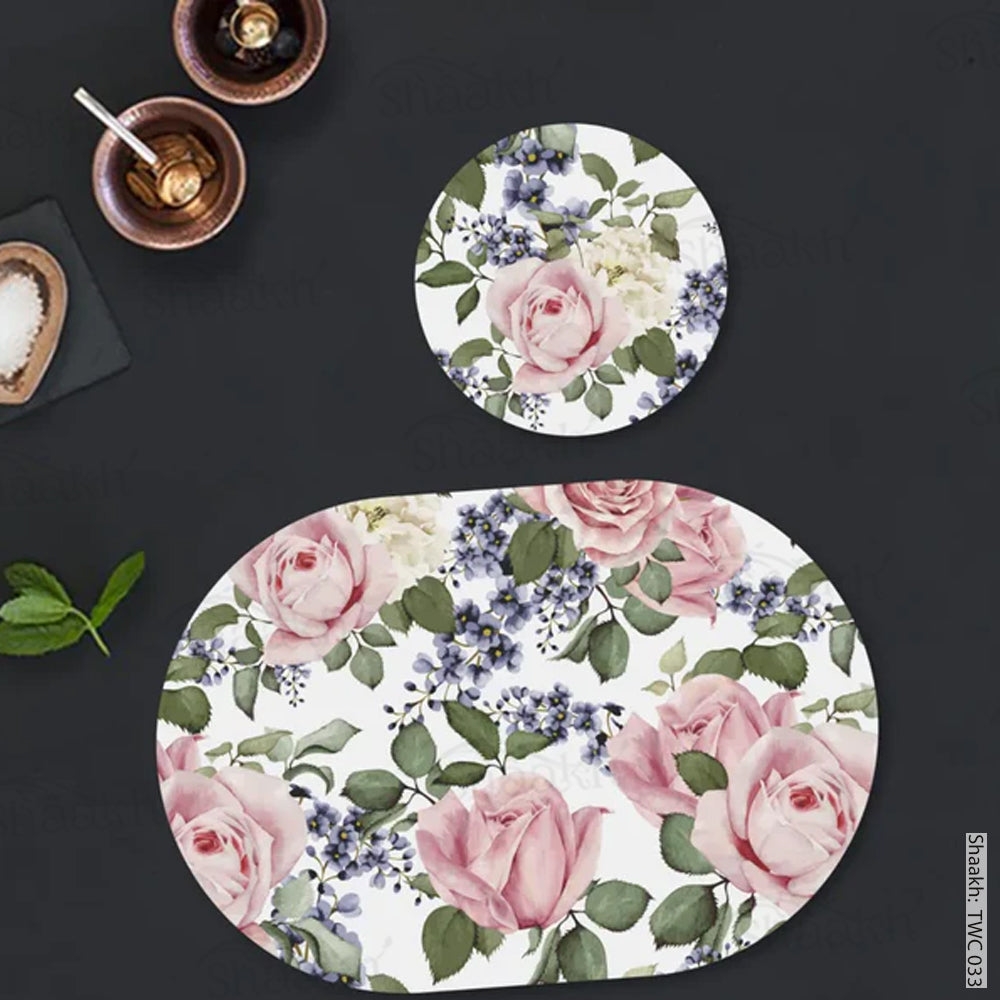 Rose buds and blue flowers Coordinated Mats & Trivets Set | TWC 033 ( 8 Mats, 4 Trivets )