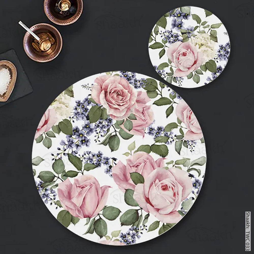 Rose buds and blue flowers Coordinated Mats & Trivets Set | TWC 033 ( 8 Mats, 4 Trivets )