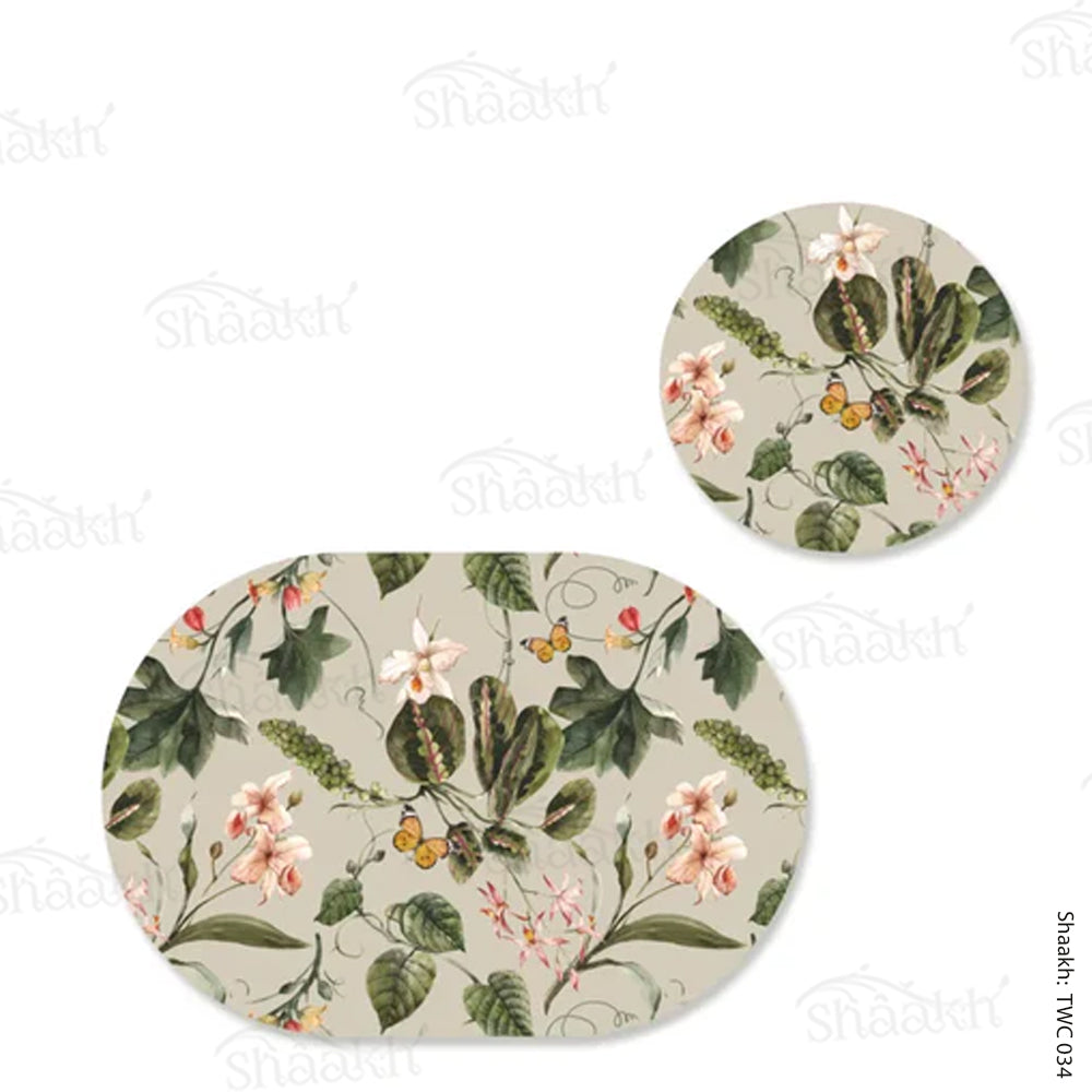 Exotic tropical orchids and green leaves Coordinated Mats & Trivets Set | TWC 034 ( 8 Mats, 4 Trivets )
