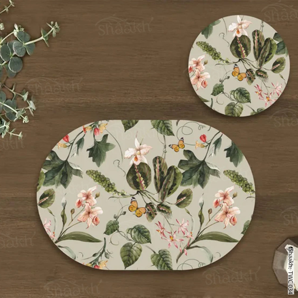 Exotic tropical orchids and green leaves Coordinated Mats & Trivets Set | TWC 034 ( 8 Mats, 4 Trivets )