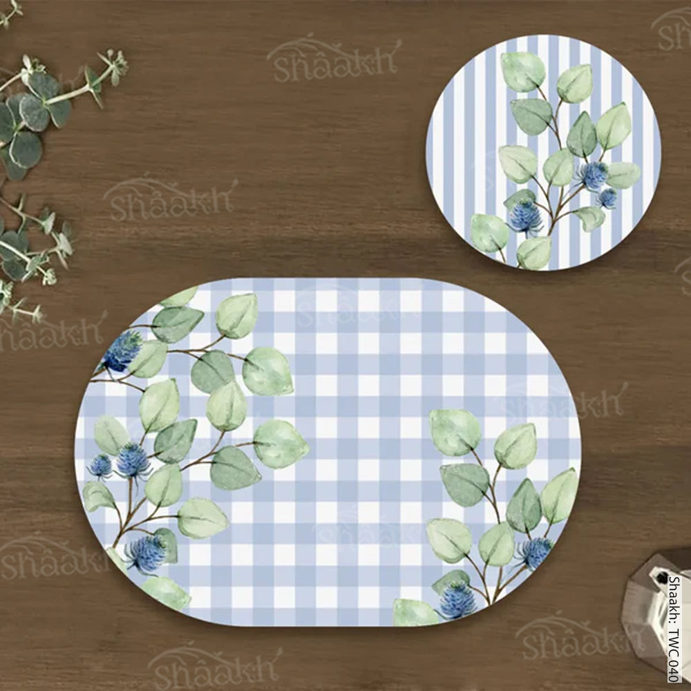 Blue and White Check Coordinated Mats & Trivets Set | TWC 040 ( 8 Mats, 4 Trivets )