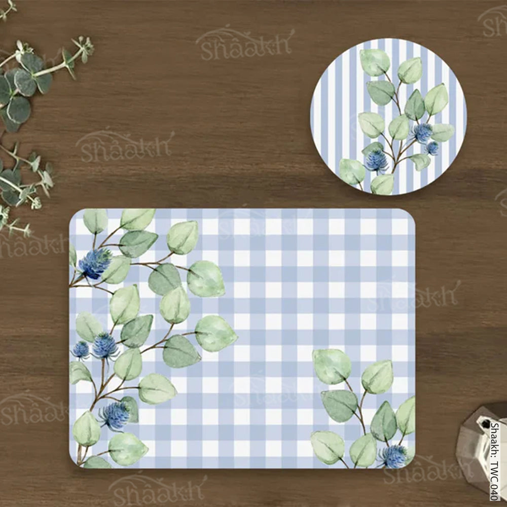 Blue and White Check Coordinated Mats & Trivets Set | TWC 040 ( 8 Mats, 4 Trivets )