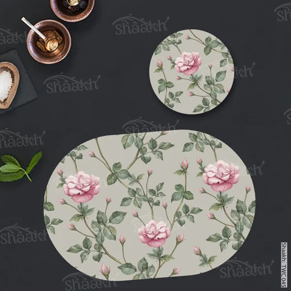 Pink Roses Coordinated Mats & Trivets Set | TWC 045 ( 8 Mats, 4 Trivets )