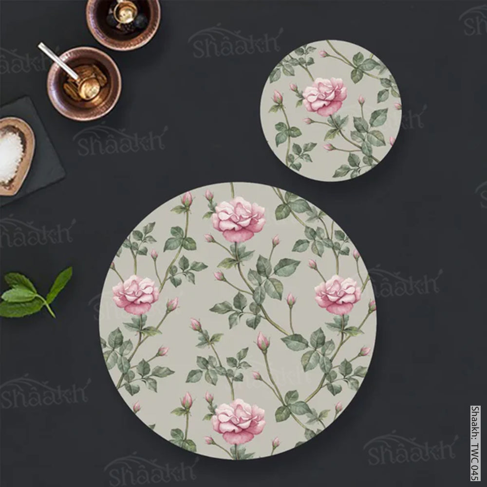 Pink Roses Coordinated Mats & Trivets Set | TWC 045 ( 8 Mats, 4 Trivets )