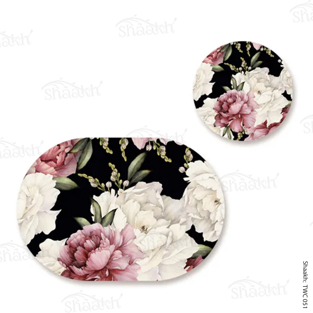 Watercolor Peonies on Dark Background Coordinated Mats & Trivets Set | TWC 051 ( 8 Mats, 4 Trivets )
