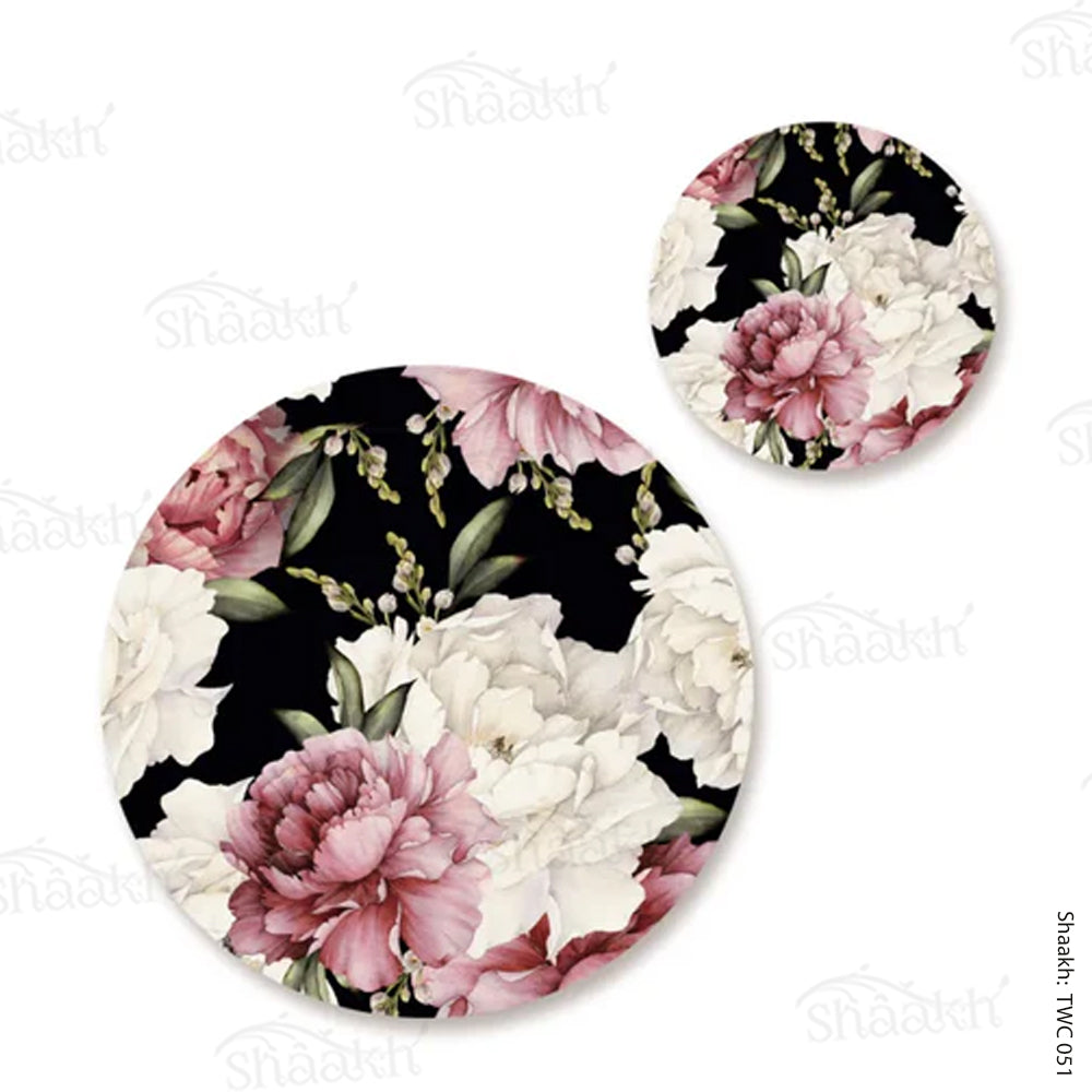 Watercolor Peonies on Dark Background Coordinated Mats & Trivets Set | TWC 051 ( 8 Mats, 4 Trivets )