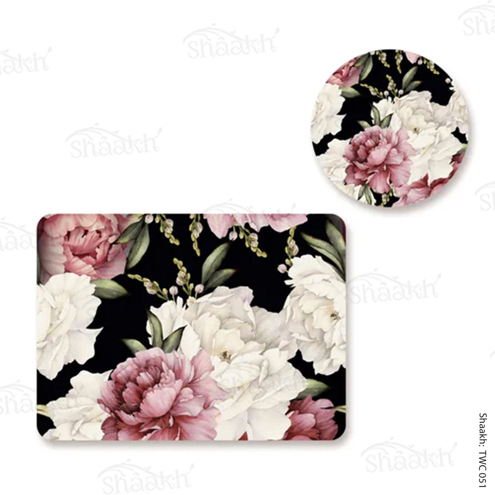 Watercolor Peonies on Dark Background Coordinated Mats & Trivets Set | TWC 051 ( 8 Mats, 4 Trivets )