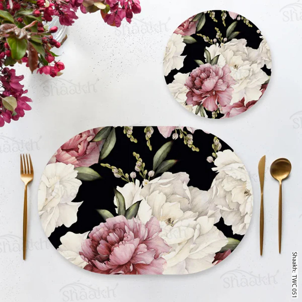 Watercolor Peonies on Dark Background Coordinated Mats & Trivets Set | TWC 051 ( 8 Mats, 4 Trivets )