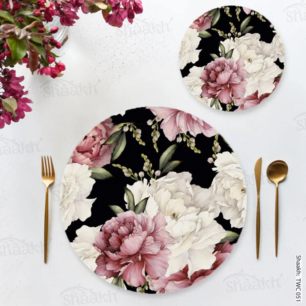 Watercolor Peonies on Dark Background Coordinated Mats & Trivets Set | TWC 051 ( 8 Mats, 4 Trivets )
