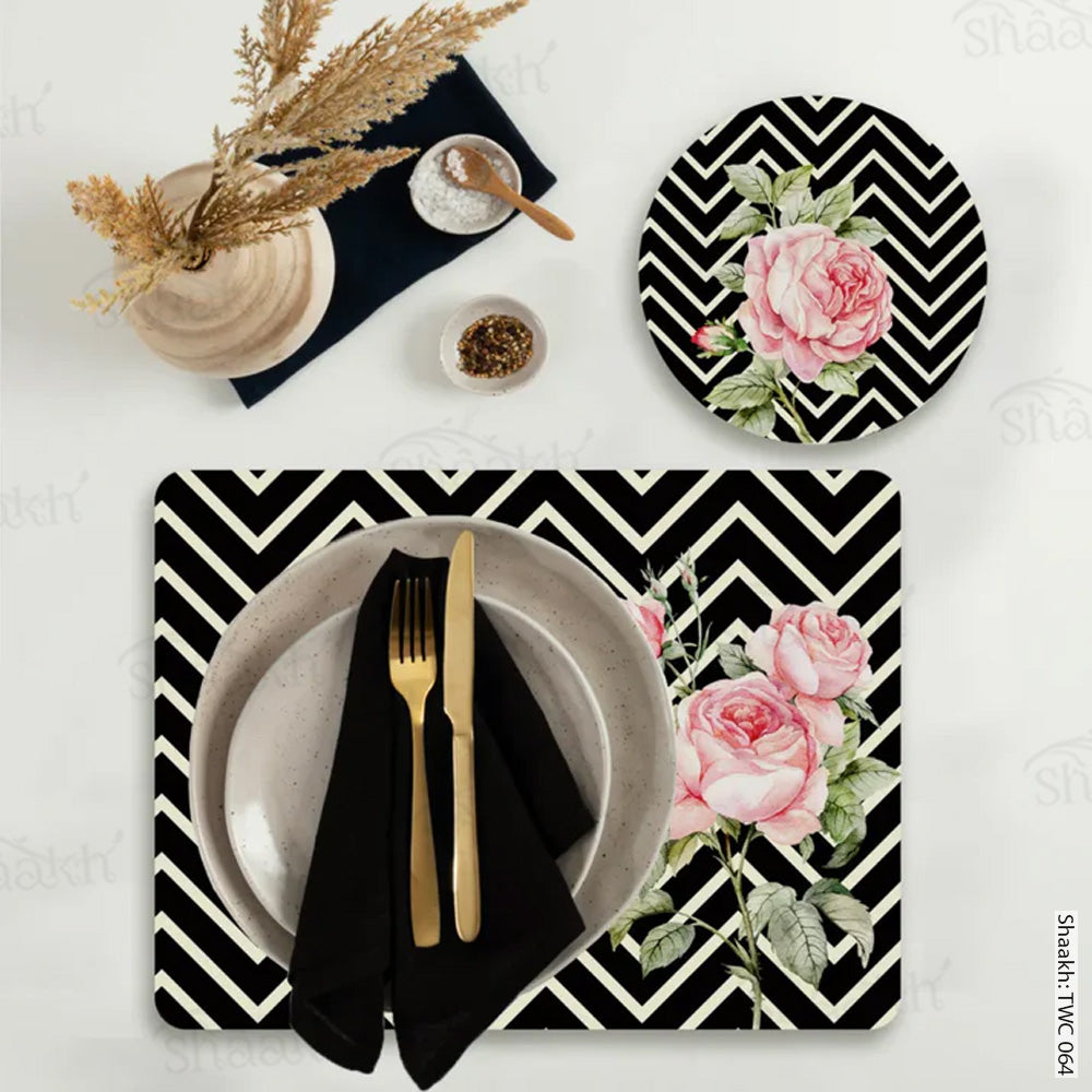 Roses On chevron Background Coordinated Mats & Trivets Set | TWC 064 (8 Mats, 4 Trivets)