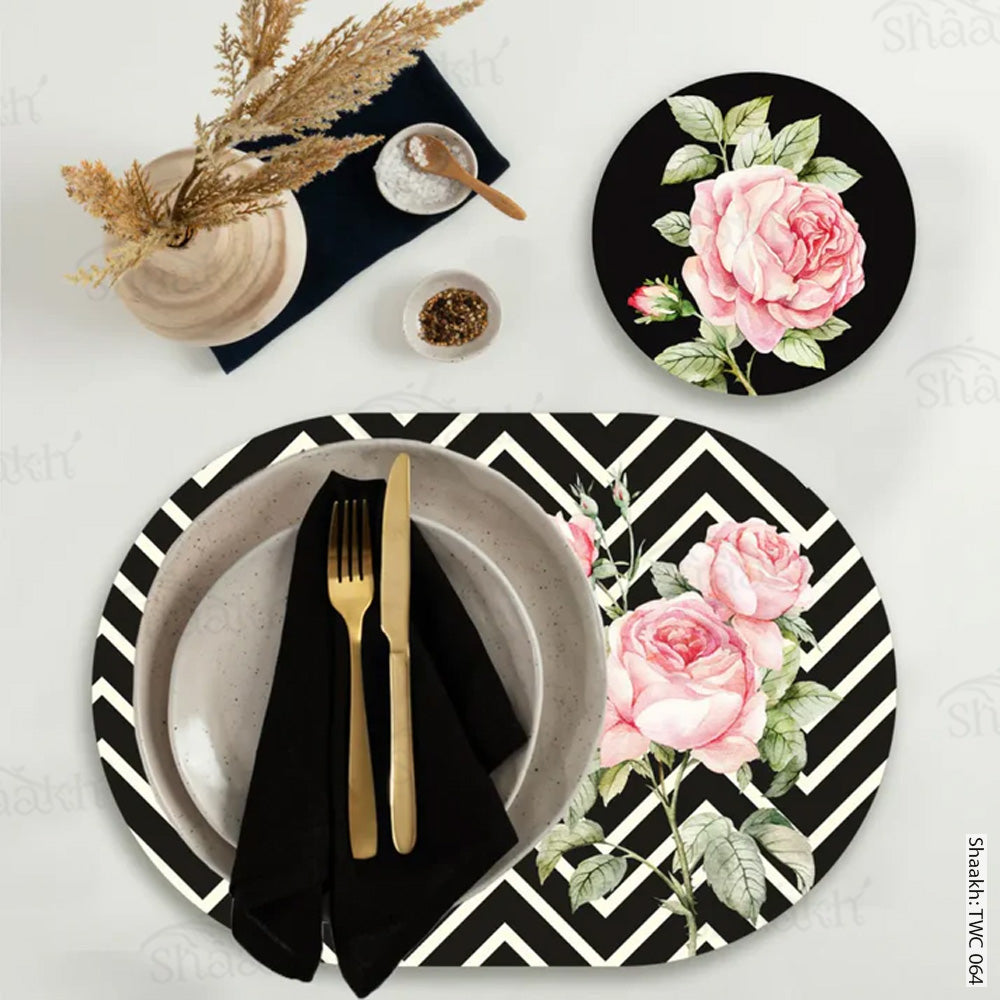 Roses On chevron Background Coordinated Mats & Trivets Set | TWC 064 (8 Mats, 4 Trivets)