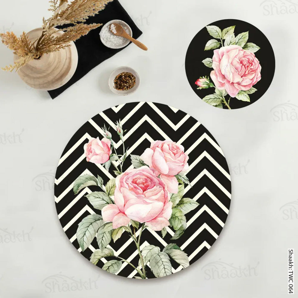 Roses On chevron Background Coordinated Mats & Trivets Set | TWC 064 (8 Mats, 4 Trivets)