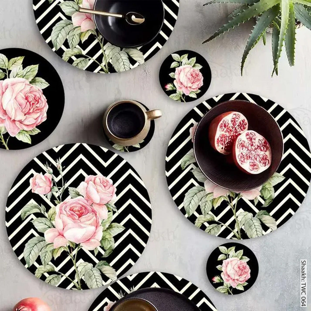 Roses On chevron Background Coordinated Mats & Trivets Set | TWC 064 (8 Mats, 4 Trivets)