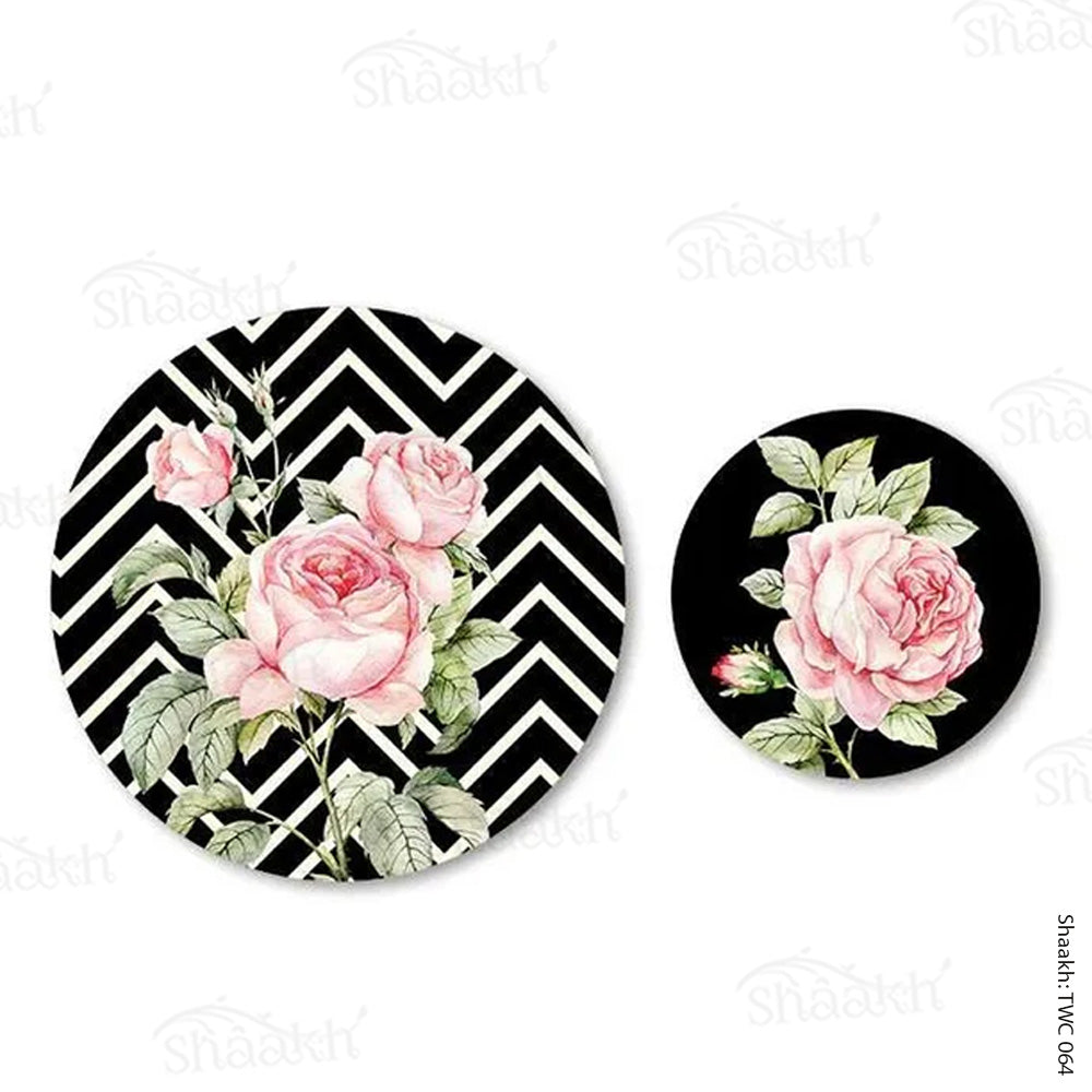 Roses On chevron Background Coordinated Mats & Trivets Set | TWC 064 (8 Mats, 4 Trivets)
