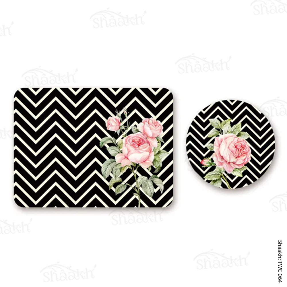 Roses On chevron Background Coordinated Mats & Trivets Set | TWC 064 (8 Mats, 4 Trivets)