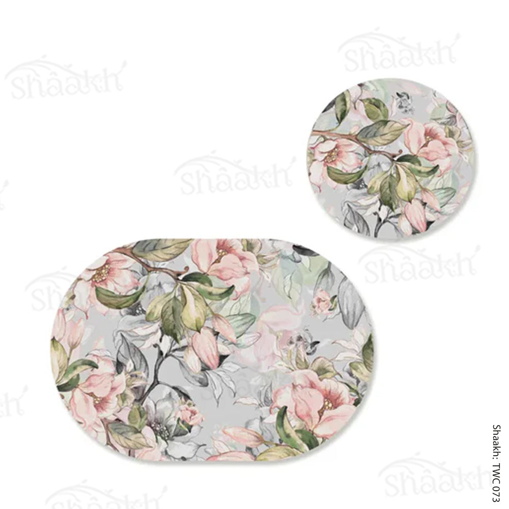 Spring branches on pale blue background Coordinated Mats & Trivets Set | TWC 073 ( 8 Mats, 4 Trivets )