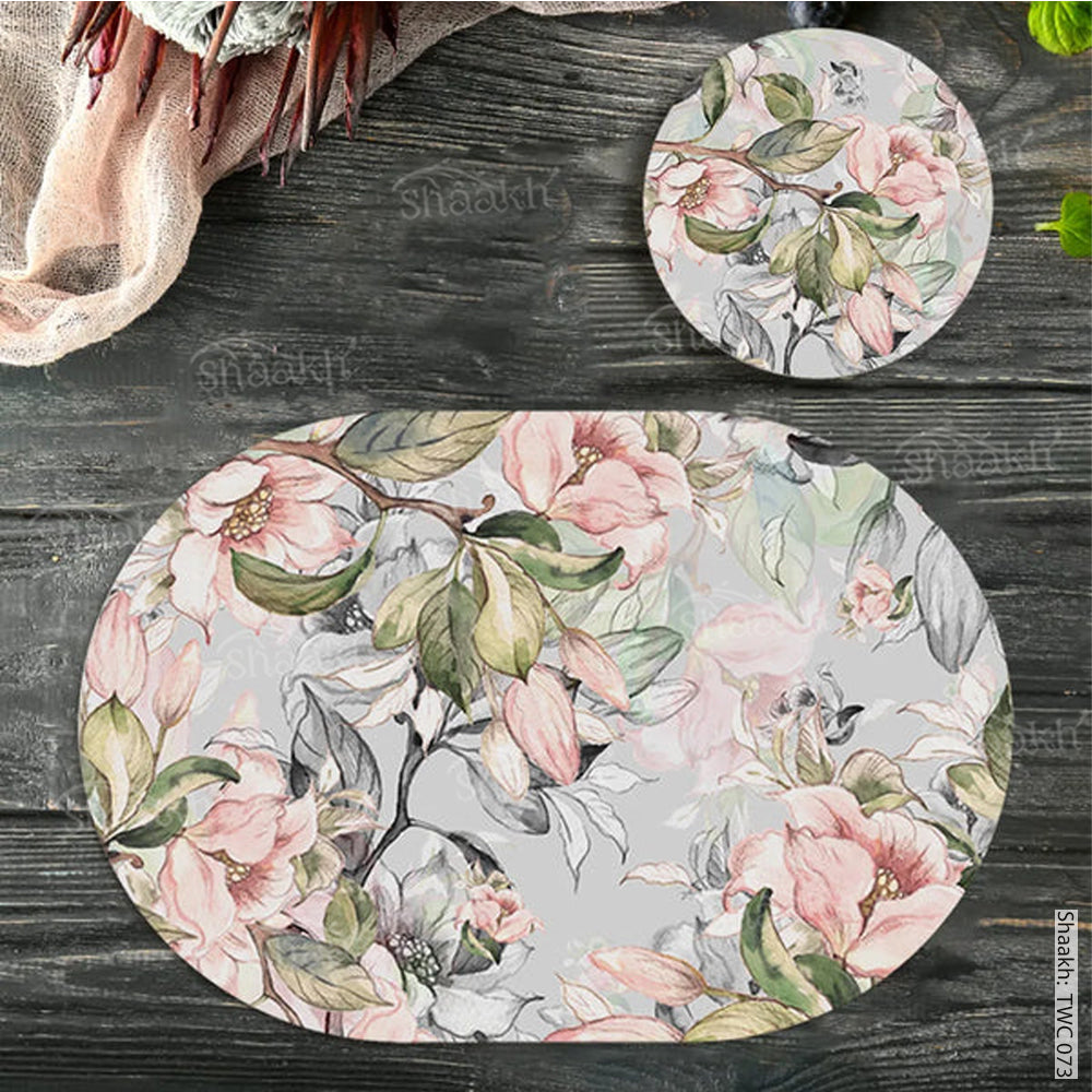 Spring branches on pale blue background Coordinated Mats & Trivets Set | TWC 073 ( 8 Mats, 4 Trivets )